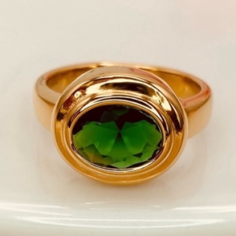 Green Stone Gold-Tone Oval Ring - Picture 1 of 10